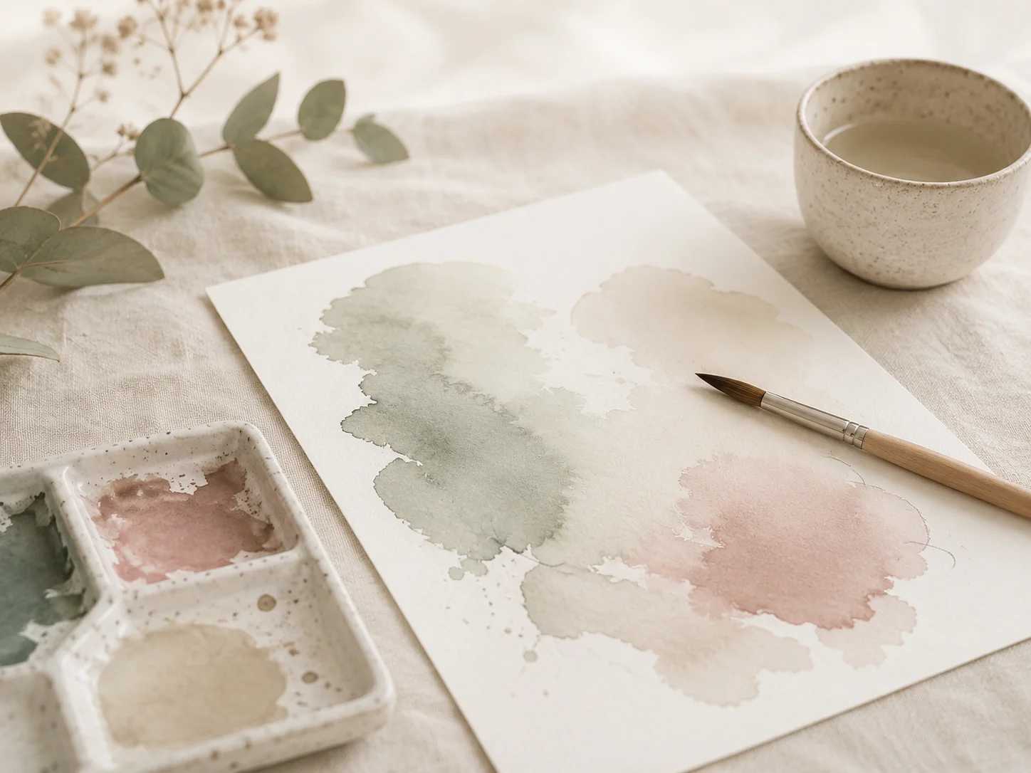 Aquarellfarben, Pinsel und bemaltes Papier
